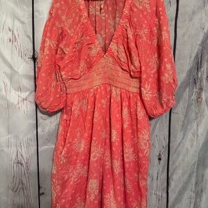 Free People Pleated Orange Pink Maxi Dress with Bishop Sleeves